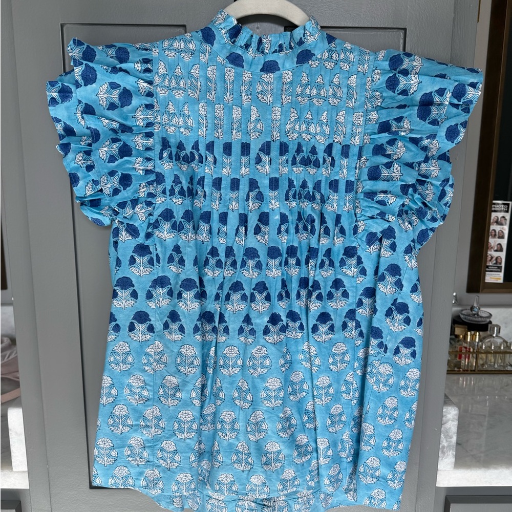 Oliphant Blue and White Ruffled Top
